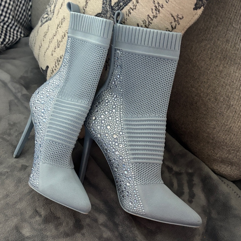 Steve Madden Light Blue Rhinestone Knit Sock Stiletto Boots